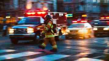 Photo firefighter in protective gear walking across a busy street with emergency vehicles in the background