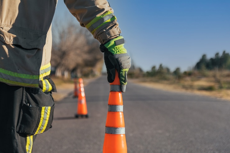 Photo firefighter putting cone on road