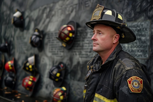 Firefighter reflecting at a memorial with helmets