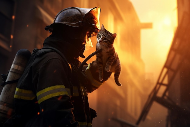 Firefighter rescuing cat from burning building generative ai