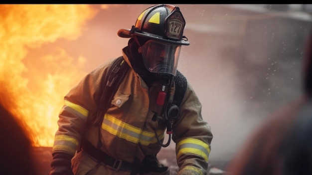 Firefighter running between flames