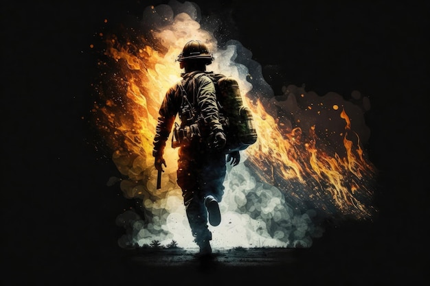 Firefighter running from epic fire back view ai generative