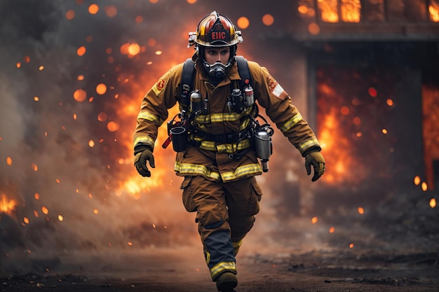 Firefighter running from epic fire bokeh ai generative