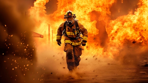 Firefighter running from epic fire Generative AI
