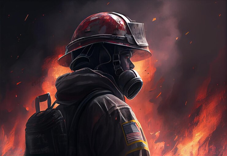 Photo firefighter seen from behind with a big fire in the background generate ai