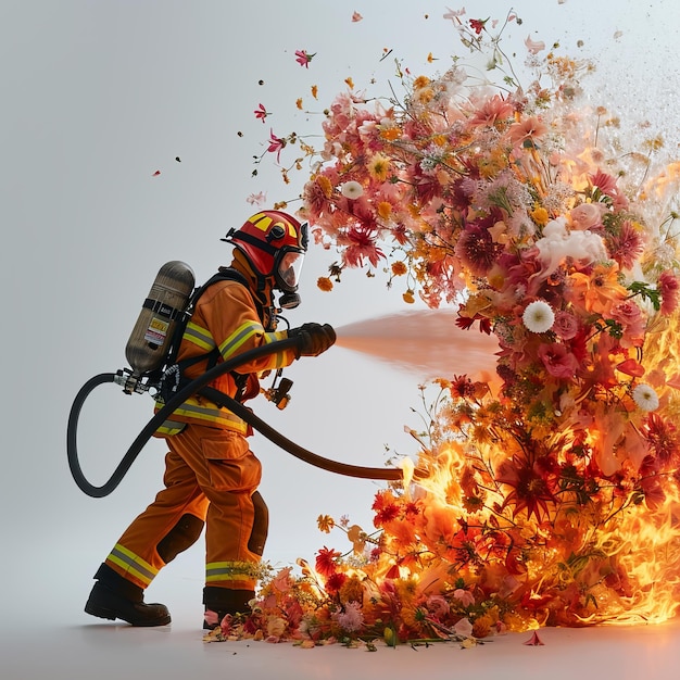 Firefighter Spraying Water on Fire With Hose Putting Out the Flames