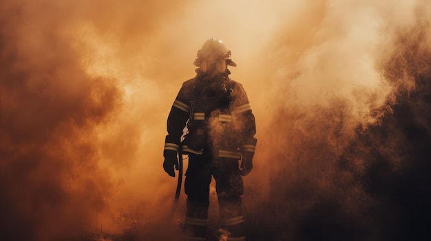 Photo firefighter standing among heavy smoke during work