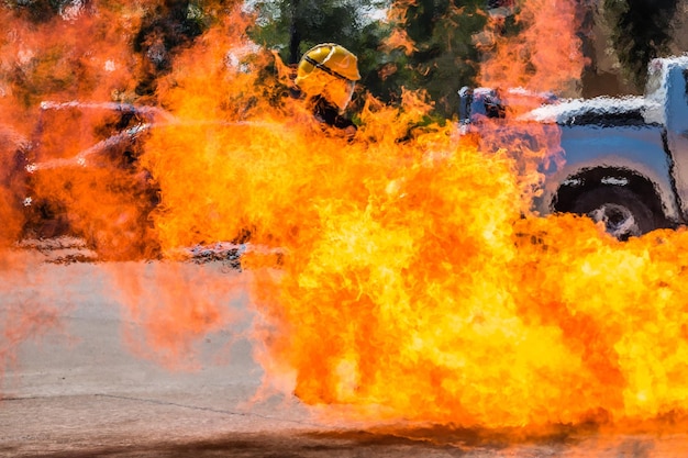 Photo firefighter standing by fire on road