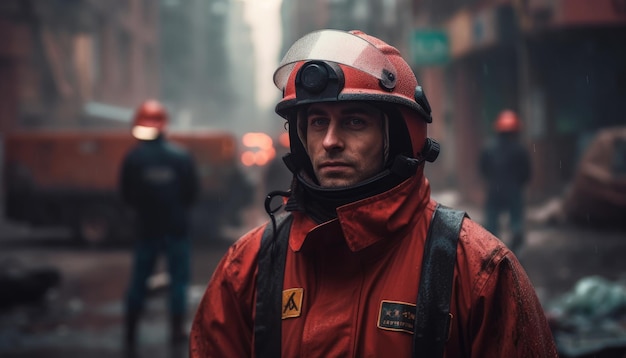 Firefighter standing in a dangerous city Generative AI