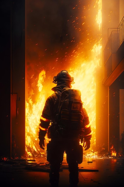 Firefighter standing in front of fire that is going out of building Generative AI