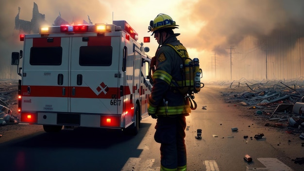 Photo firefighter standing in front of a fire truck with the word fire on the side