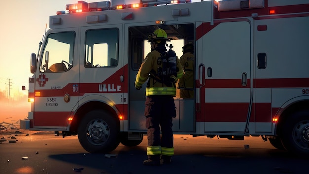 Firefighter standing in front of a fire truck with the word ulle on the side.