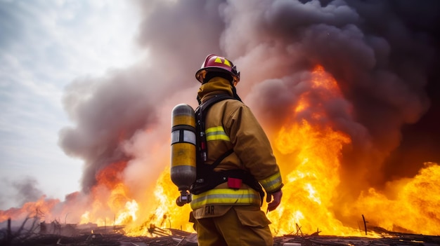 Firefighter standing in front of fire with hose in his hand Generative AI