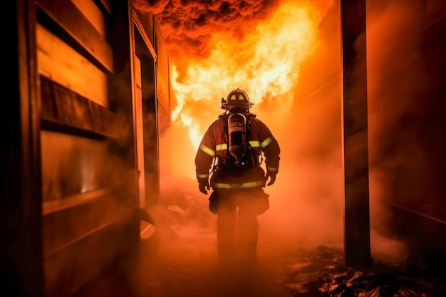 A firefighter standing in front of a large fire