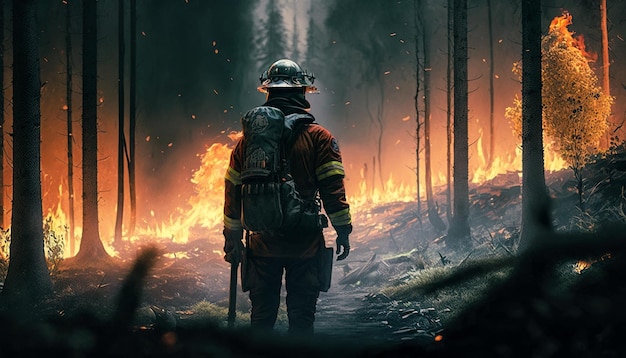 Firefighter stands in burning forest fireman on fire background generative AI