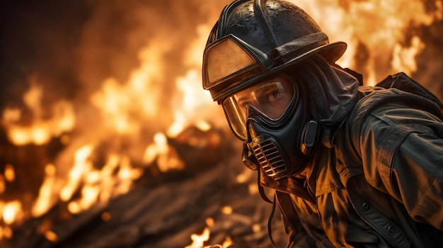 Firefighter stands firm in front of raging blaze in forest flames Generative AI