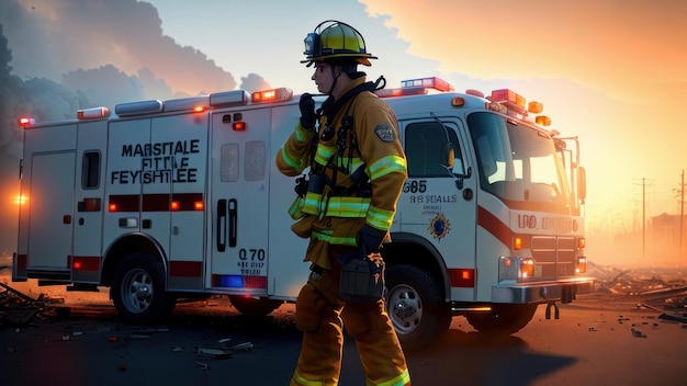 A firefighter stands in front of an ambulance with the number 69 on the side.