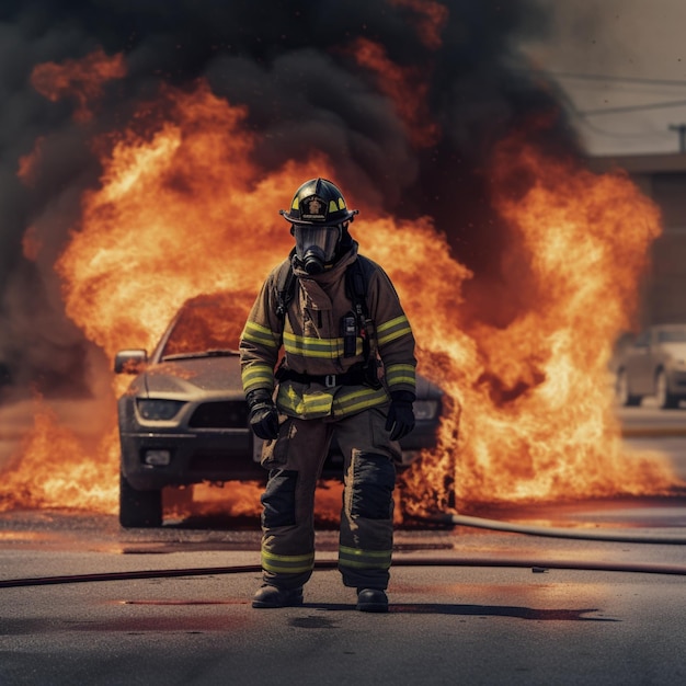 A firefighter stands in front of a burning car.