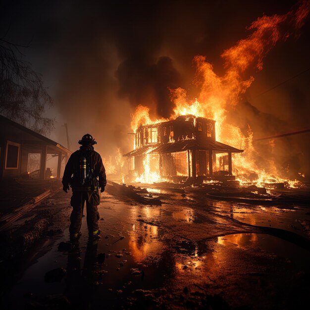 a firefighter stands in front of a burning house