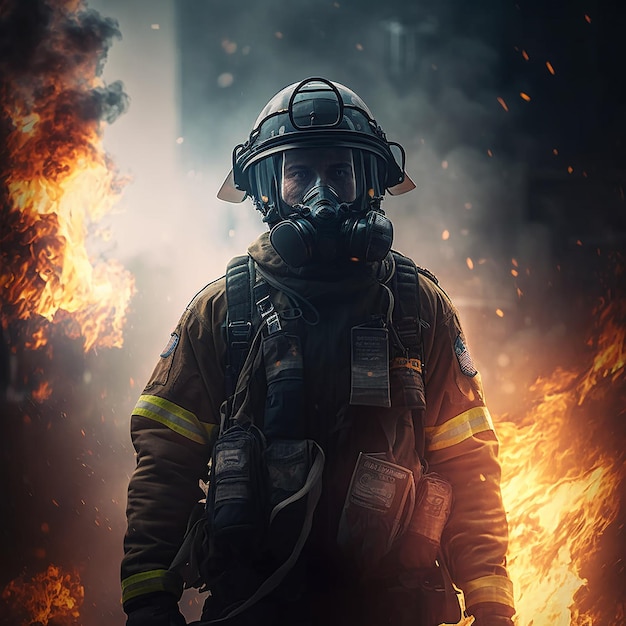 A firefighter stands in front of a fire burning.