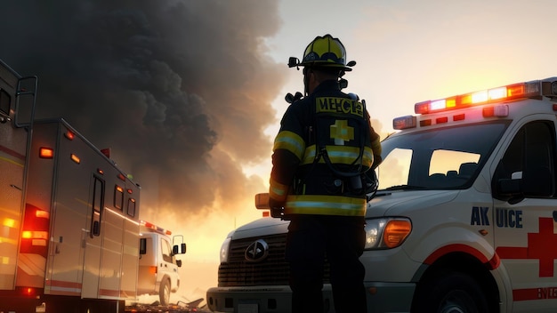 A firefighter stands in front of a fire truck with the words " metcali " on the back.