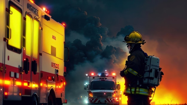 A firefighter stands in front of a fire truck with the words ufc on the side