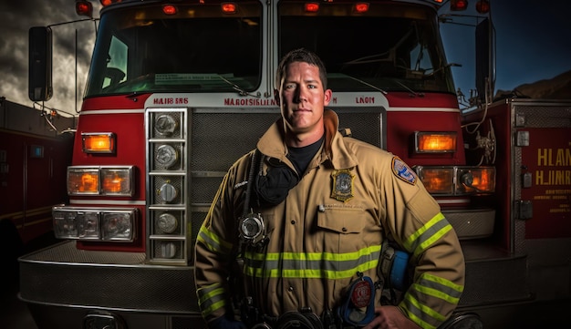 A firefighter stands in front of a fire truck.