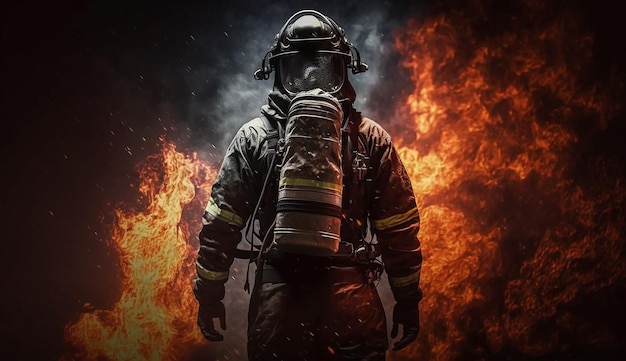 A firefighter stands in front of a fire with a mask on his face.