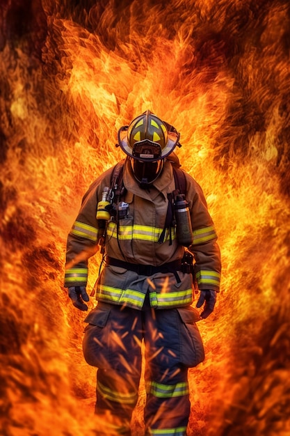 Photo a firefighter stands in front of a fireball