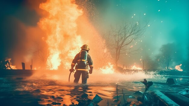 A firefighter stands in water in front of a burning building.