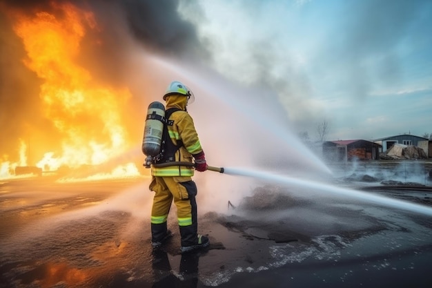 소방 호스 화학 물 거품 스프레이 엔진 큰 화재 배경을 사용하여 소방 훈련