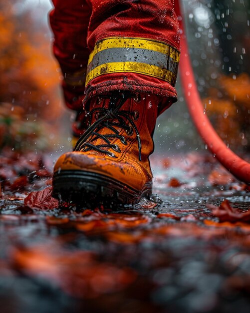 Foto un pompiere addestrato con lo sfondo del tubo antincendio