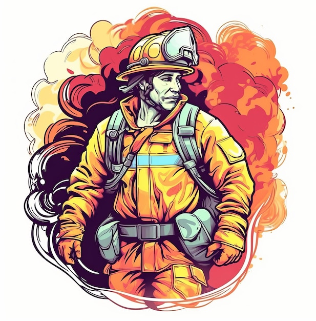 消防士のTシャツ デザイン グラフィック 鮮やかな色 輪郭 白い背景のベクトルに隔離された画像