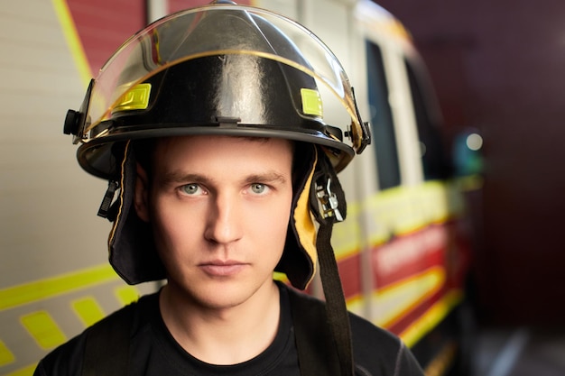 Firefighter in uniform and helmet stand in behind of fire truck\
and looking to camera