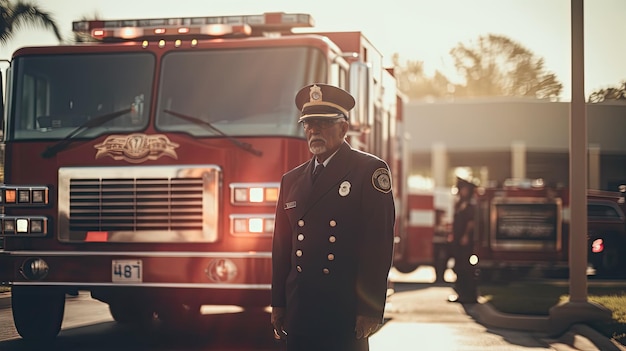 Firefighter in Uniform Standing by Fire Truck Memorial day