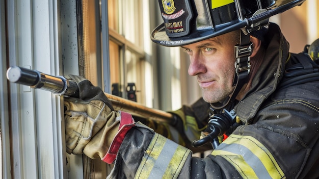 Photo firefighter using hose to extinguish fire