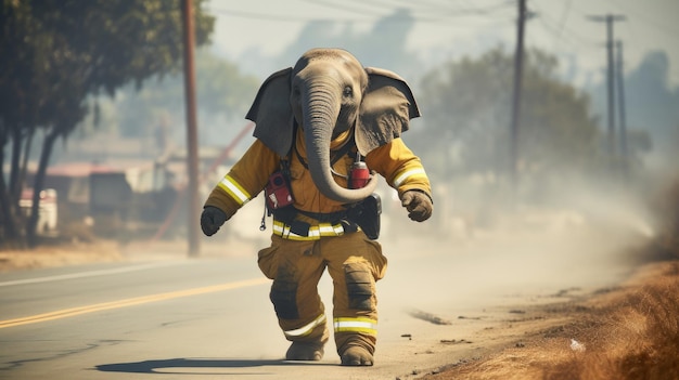 a firefighter walks down a road with a hose.