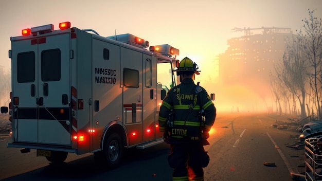 A firefighter walks in front of a fire truck with the word " personalized " on the back.