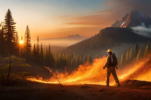 a firefighter walks through a forest fire.