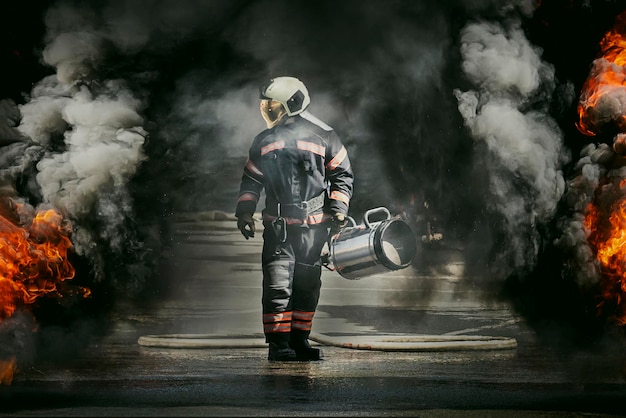 Firefighter wearing a fire suit for safety under the danger\
case firefighter heroically walks among black smoke and fire while\
extinguishing a strong fire