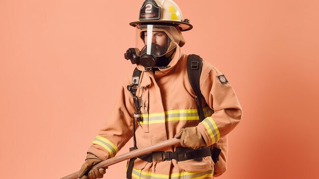 A firefighter wearing a firefighter suit and helmet holds a fire hose.