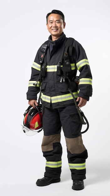 a firefighter wearing a firefighter uniform and firemans helmet