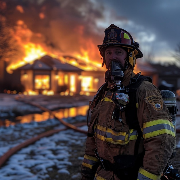 写真 猛烈 な 家 の 火事 の 前 に 準備 し て いる 完全 な 装備 を 着た 消防 員