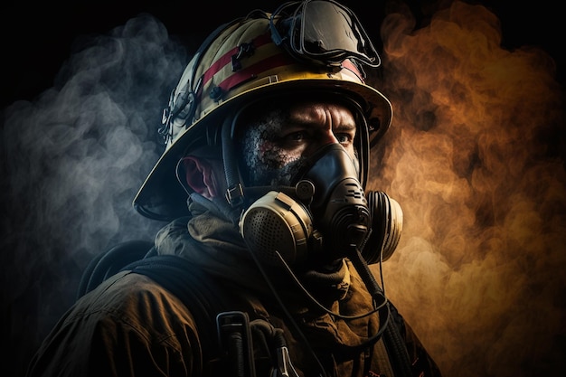 A firefighter wearing a gas mask and a gas mask stands in a dark room.