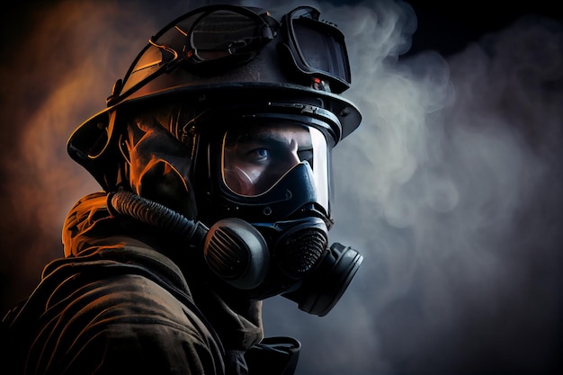 A firefighter wearing a gas mask and a gas mask.