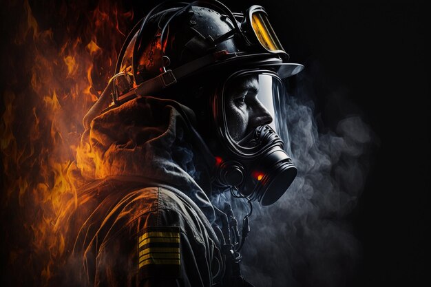 A firefighter wearing a gas mask and smoke coming out of his face.