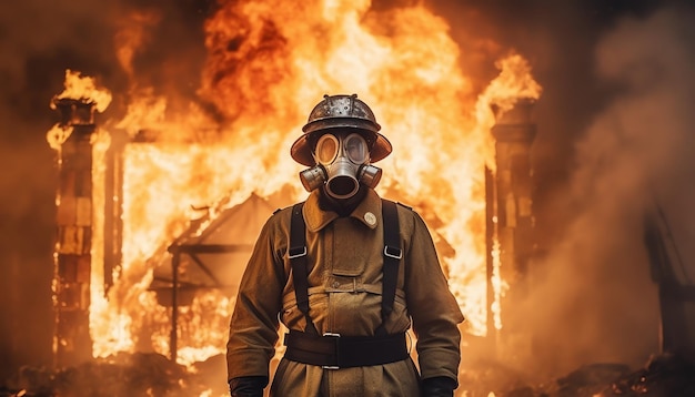 A firefighter wearing a gas mask stands in front of a burning house.