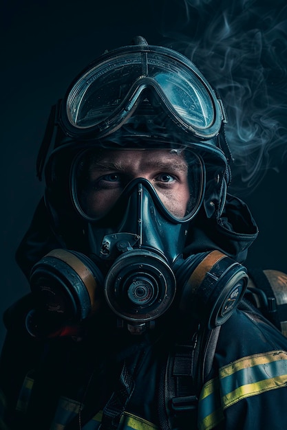 Firefighter Wearing Gas Mask