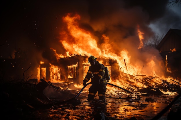 Пожарный в защитных костюмах пытается остановить горящий дом