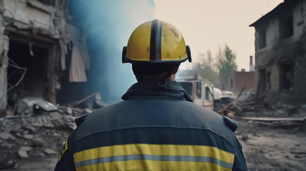 a firefighter wearing a yellow helmet and a yellow helmet